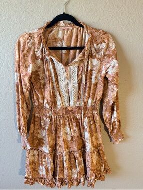 Frille Rose Floral Lace-Trim Smocked Waist Mini Dress - Peach Floral